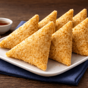 Frozen crispy chicken cheese samosas coated with golden breadcrumbs arranged neatly on a white plate.