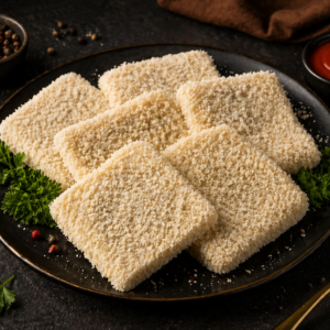 Premium unfried box patties coated with bread crumbs served on a black plate with dipping sauce, professional food presentation by Pak N Pure.