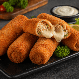 Premium fried chicken cheese rolls served on a black tray with crispy golden coating and melted cheese filling.