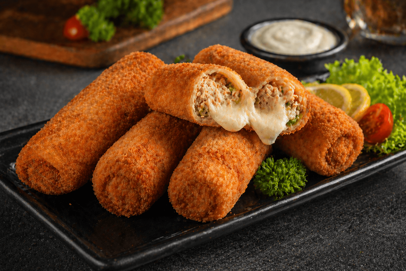 Premium fried chicken cheese rolls served on a black tray with crispy golden coating and melted cheese filling.