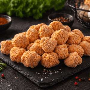 Premium unfried chicken hot shots arranged on a black slate tray with herbs and spices, high-quality food photography by Pak N Pure.