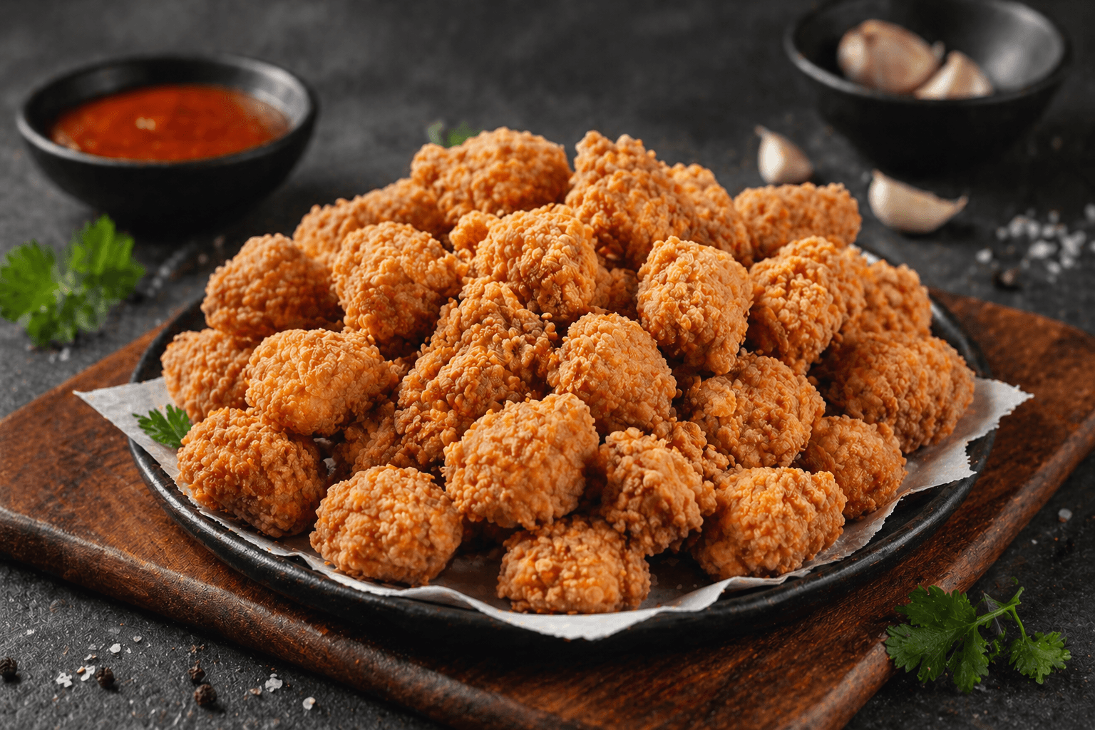 Premium fried chicken hot shots served on a black plate with crispy golden coating and dipping sauce.