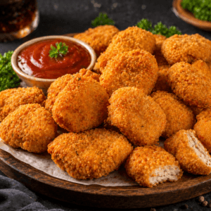 Golden crispy fried chicken nuggets with crunchy coating served with ketchup premium fast food Pak N Pure www.paknpure.com