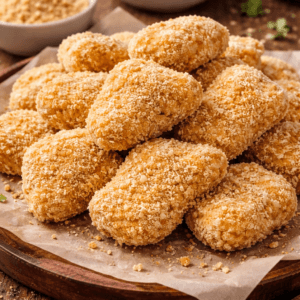 Uncooked breaded chicken nuggets with visible crispy breadcrumb coating on wooden board www.paknpure.com