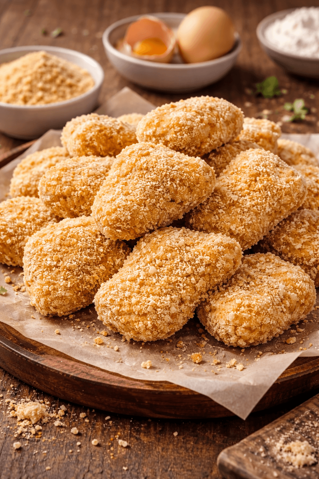 Uncooked breaded chicken nuggets with visible crispy breadcrumb coating on wooden board www.paknpure.com