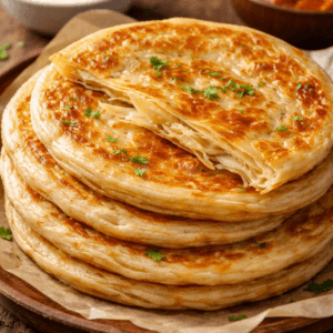 Crispy layered paratha fresh and golden, ready to cook