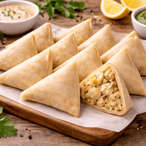 Malai Boti samosas by Pak N Pure – creamy chicken filling with crispy layer fresh snacks www.paknpure.com