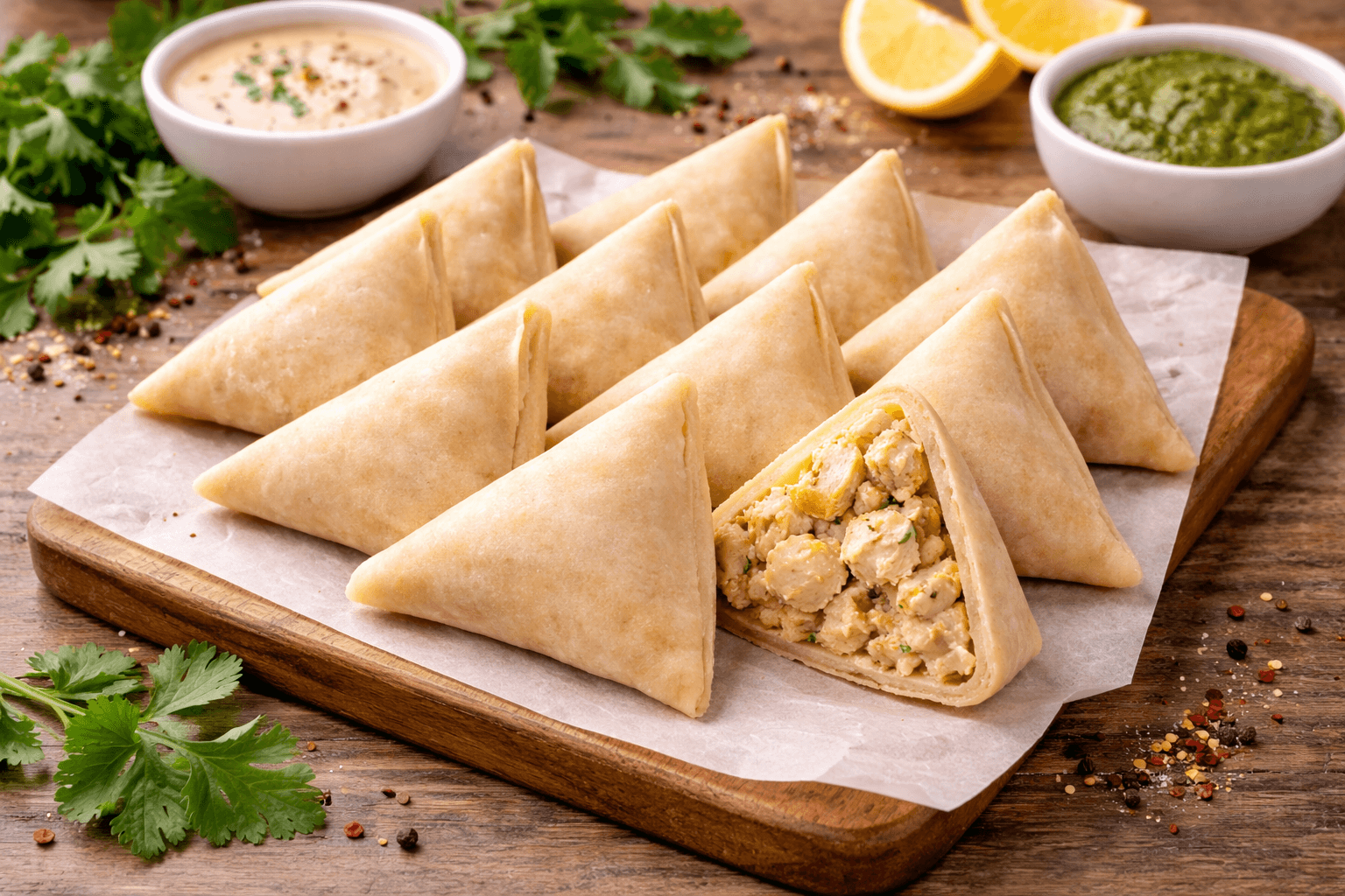 Malai Boti samosas by Pak N Pure – creamy chicken filling with crispy layer fresh snacks www.paknpure.com