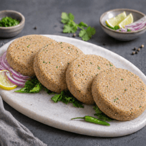 Unfried shami kabab patties with herbs on a plate, ready to cook, premium quality by Pak N Pure