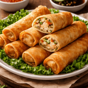 Crispy golden fried spring rolls served on a plate with dipping sauces, professional food photography
