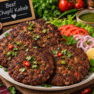 Delicious Beef Chapli Kabab made with flavorful minced beef, aromatic spices, and fresh herbs from www.paknpure.com.