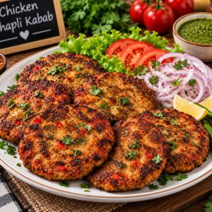 Delicious Chicken Chapli Kabab made with flavorful minced chicken, aromatic spices, and fresh herbs from www.paknpure.com.