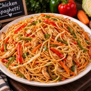 Delicious Chicken Spaghetti with tender chicken, perfectly cooked pasta, flavorful sauce, and aromatic seasonings from www.paknpure.com.