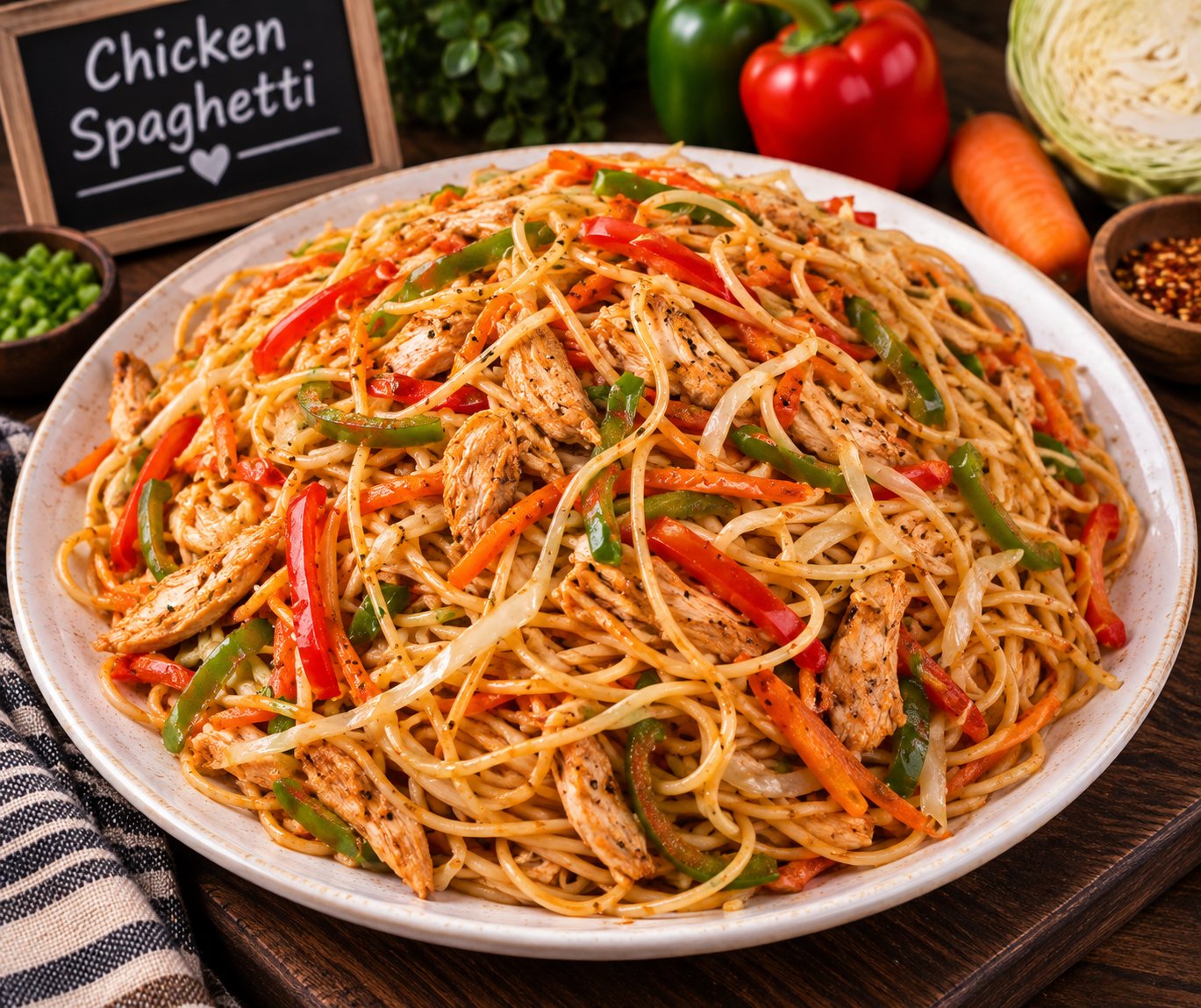 Delicious Chicken Spaghetti with tender chicken, perfectly cooked pasta, flavorful sauce, and aromatic seasonings from www.paknpure.com.