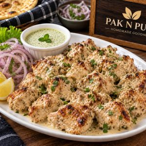 Delicious Creamy Chicken Malai Boti made with tender boneless chicken, creamy marinade, and aromatic spices from www.paknpure.com.