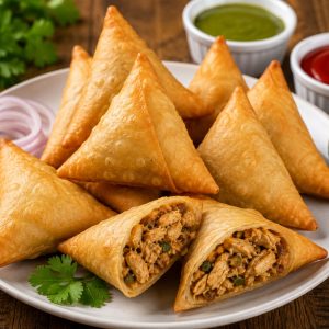 Crispy golden Chicken Samosa filled with flavorful chicken and aromatic spices from www.paknpure.com