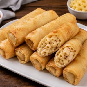 Crispy golden Chicken Fried Macaroni Rolls filled with flavorful chicken and macaroni, served as a delicious snack from www.paknpure.com.