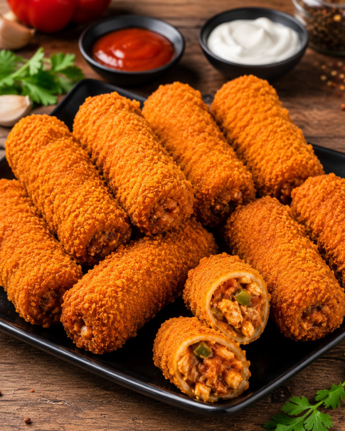 Golden crispy Hot BBQ Rolls filled with flavorful BBQ chicken, a delicious snack from www.paknpure.com.