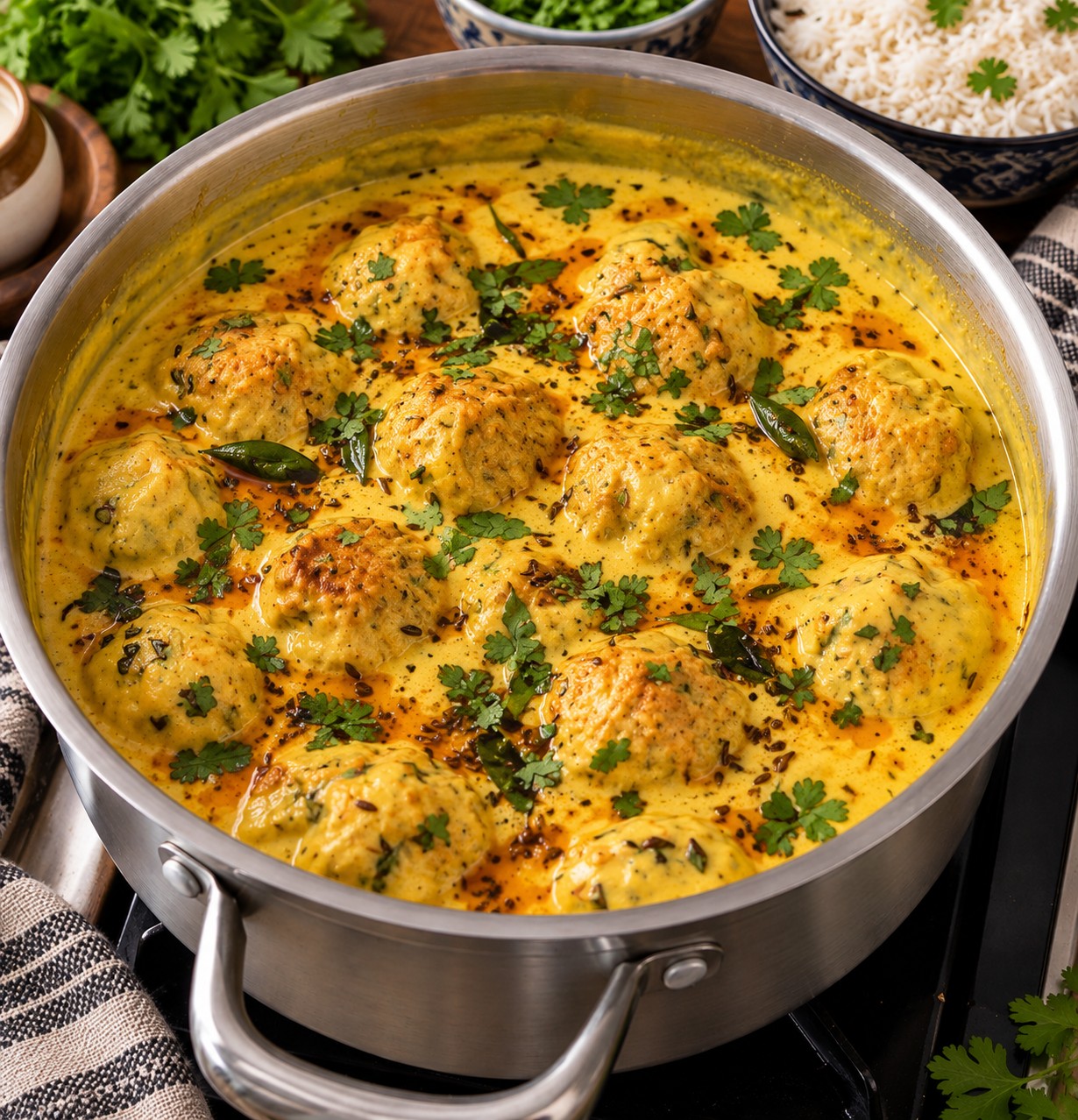 Delicious Punjabi Kari Pakora with gram flour pakoras, creamy yogurt curry, and aromatic spices from www.paknpure.com.