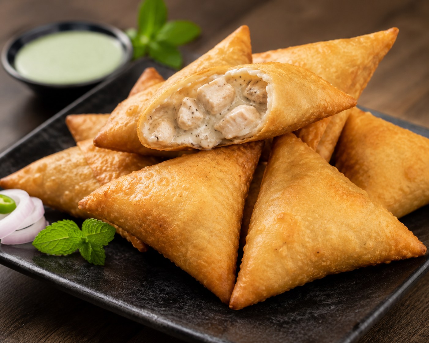 Golden crispy Rich Malai Boti Samosa filled with creamy malai boti chicken, a premium snack from www.paknpure.com.