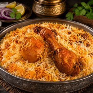 Delicious Royal Chicken Biryani with tender chicken, fragrant basmati rice, and aromatic spices from www.paknpure.com.