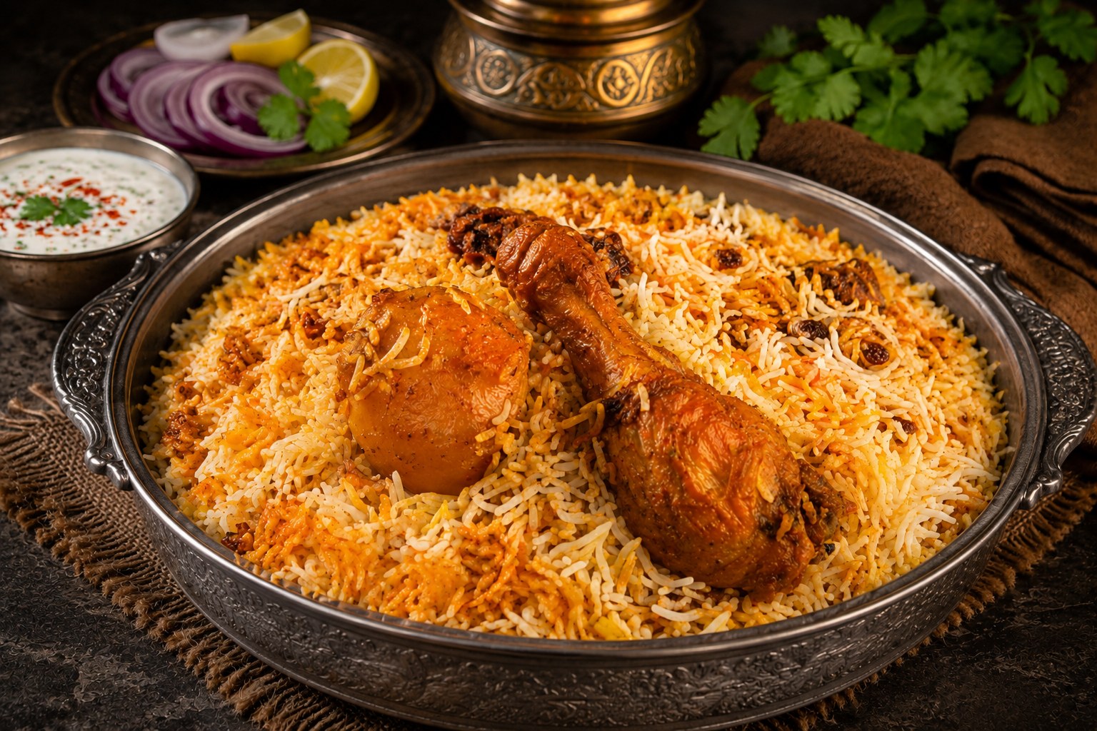 Delicious Royal Chicken Biryani with tender chicken, fragrant basmati rice, and aromatic spices from www.paknpure.com.