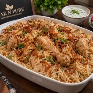 Delicious Shahi Chicken Pulao with tender chicken, fragrant basmati rice, and aromatic spices from www.paknpure.com.
