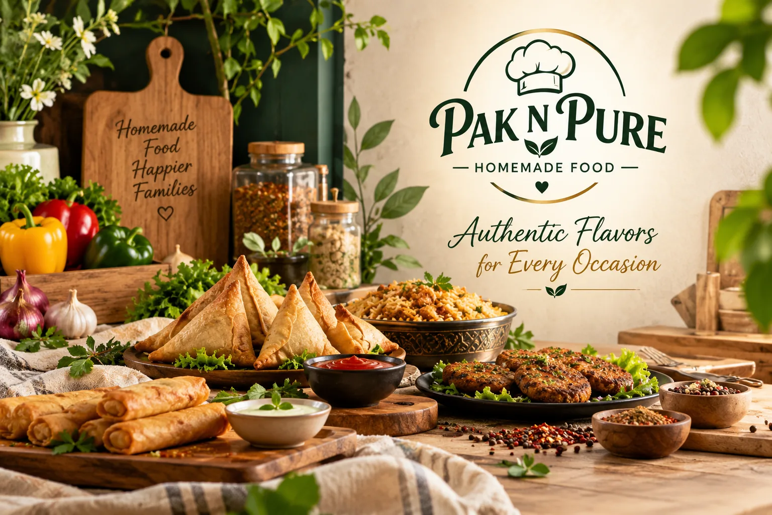 Pak N Pure homemade food with samosas, spring rolls, kebabs and traditional Pakistani dishes