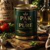 PAK N PURE premium tinned food pack displayed with fresh ingredients on a wooden table, showcasing high-quality preserved food.